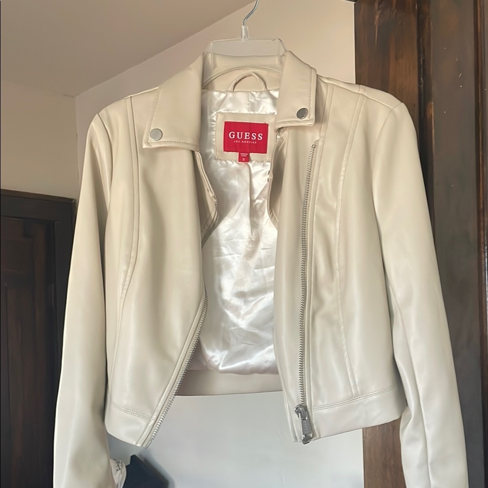 Guess Cream Leather Cropped Jacket
